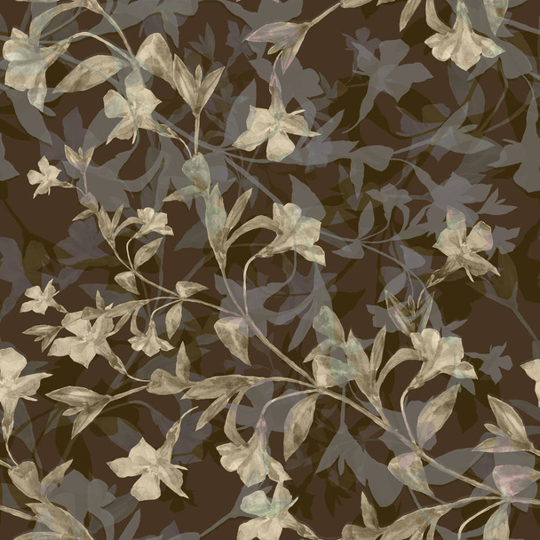 Watercolor meadow flower periwinkle in seamless pattern. Floral illustration on brown background. - Foto, imagen