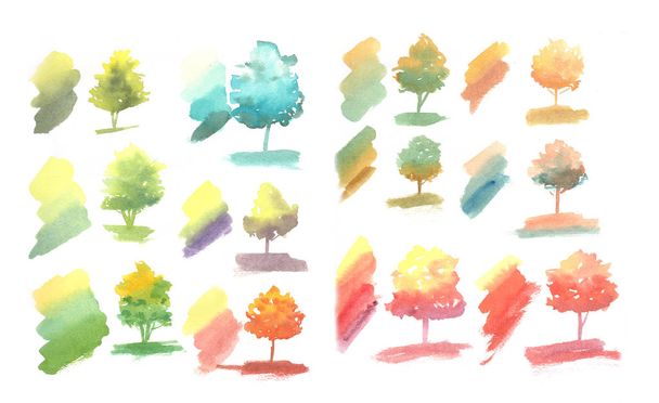 Pek çok renk pantonlu ağaç ve çeşitli mevsimlerde pek çok şekil. İlkbahar, sonbahar, kış, yaz temalı elle suluboya resim - Fotoğraf, Görsel