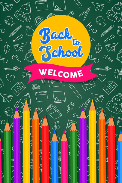 Back to school card color pencils on chalk board - Vecteur, image