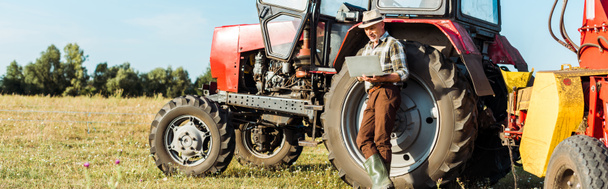 panoramic shot of farmer in straw hat using laptop near tractor  - Photo, Image