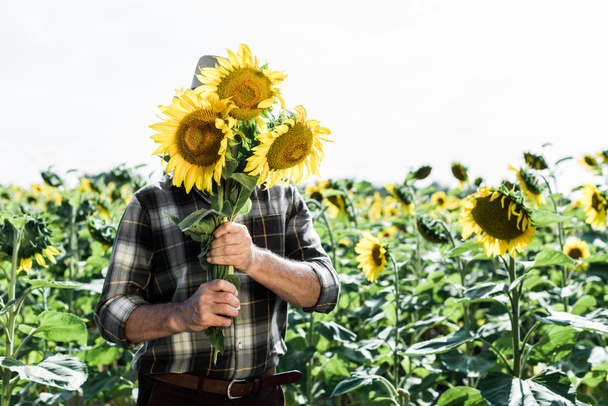 boer bedekt gezicht terwijl het houden van zonnebloemen in de buurt van het veld  - Foto, afbeelding