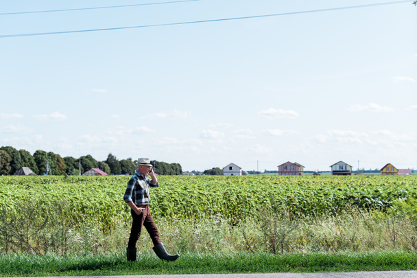 granjero autónomo barbudo hablando en smartphone mientras camina en el campo
 - Foto, Imagen