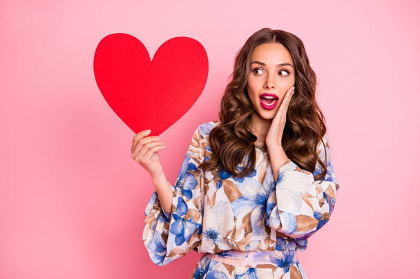 Portrait of her she nice-looking attractive lovely fascinating amazed cheerful cheery glad wavy-haired girl holding in hand large big healthy heart life lifestyle dream isolated over pink background - Foto, imagen