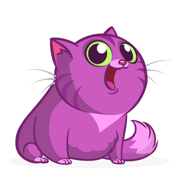Cartoon pretty purple fat cat. Fat striped cat illustration isolated - Vetor, Imagem