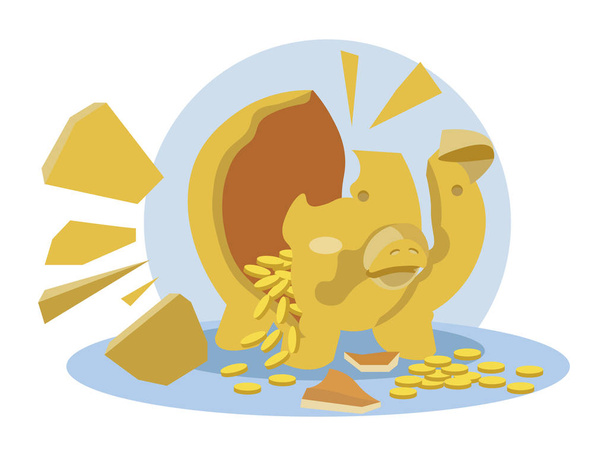 Gebroken Piggy Bank varken met munten en scherven. Geïsoleerd op een witte achtergrond. In minimalistische stijl. Cartoon platte vector - Vector, afbeelding