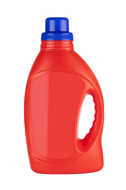 赤いプラスチック洗剤容器ボトルは、空白のスペースでモックアップ  - 写真・画像