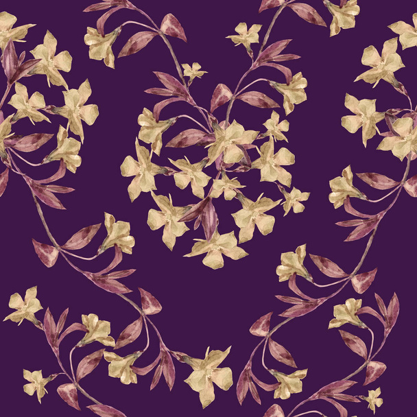 Akvarell rét virág télizöld zökkenőmentes mintát. Virágos illusztráció burgundi háttérrel. - Fotó, kép