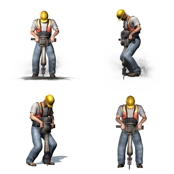 Conjunto de Trabalhos de Trabalhador com martelo pneumático - visões diferentes - isolado em fundo branco - ilustração 3D
 - Foto, Imagem
