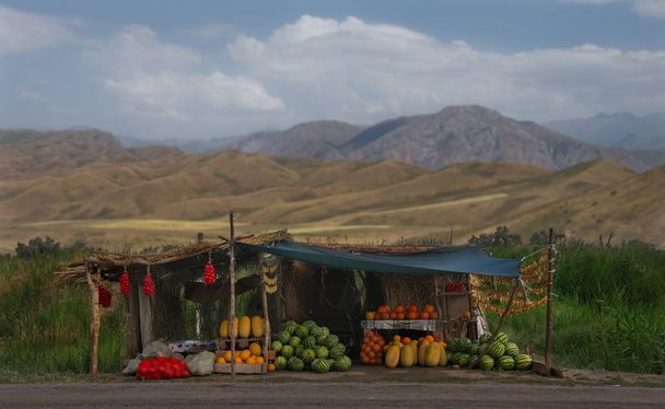 Sudeste de Kazajstán. Mercado de melones a lo largo de la carretera Kegen-Almaty, donde los agricultores locales venden melones y sandías
. - Foto, imagen