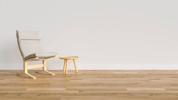 Bright room with parquet floor and a modern chair - 3D rendering - Φωτογραφία, εικόνα
