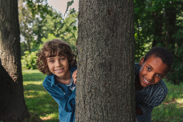 roztomilý kudrnatý chlapec, který se dívá na kameru blízko kmene stromů a afrického amerického přítele  - Fotografie, Obrázek