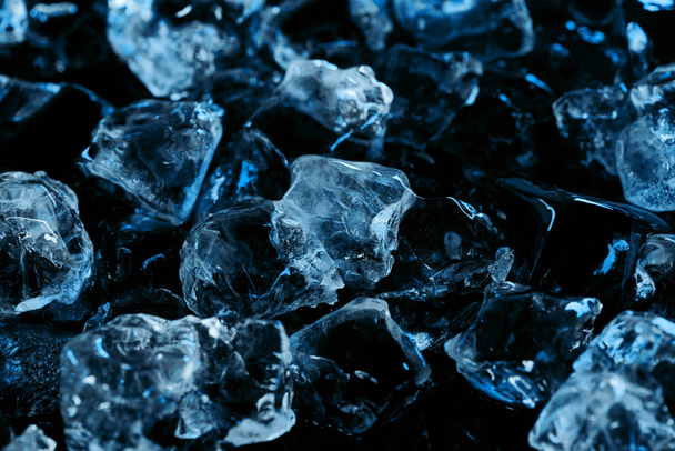 frozen clear ice cubes with blue lighting isolated on black - Foto, Bild