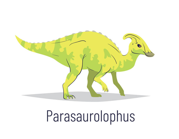 Parasaurolophus. Ornithischian dinosaur. Colorful vector illustration of prehistoric creature parasaurolophus in hand drawn flat style isolated on white background. Huge fossil dinosaur. - Vector, imagen