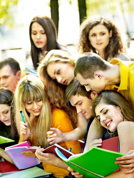 Студент групи з ноутбуком на лавці на відкритому повітрі
. - Фото, зображення