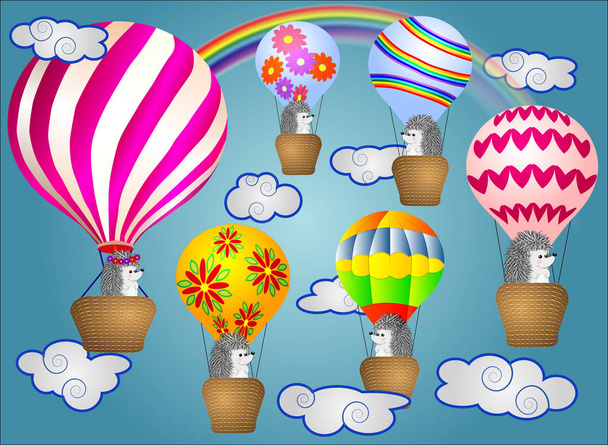 Un pequeño erizo lindo vuela en caricaturas, un globo voluminoso grande con una cesta en el cielo en medio de nubes blancas
 - Vector, Imagen