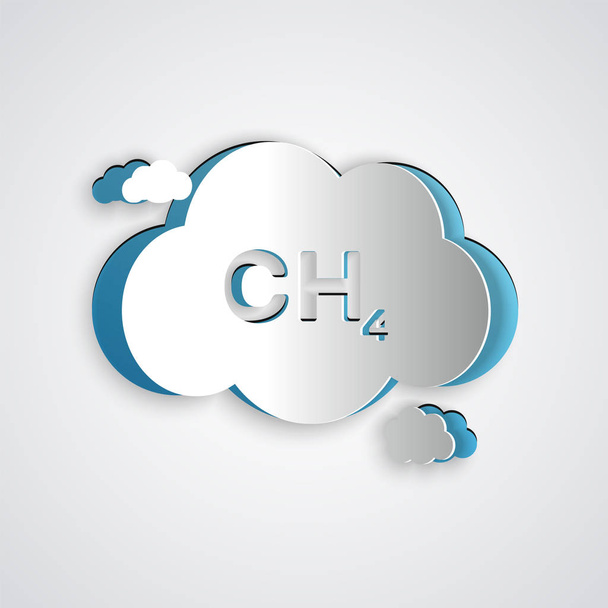 Corte de papel Icono de reducción de emisiones de metano aislado sobre fondo gris. Modelo de molécula CH4 y fórmula química. Gas de pantano. Gas natural. Estilo de arte de papel. Ilustración vectorial
 - Vector, imagen
