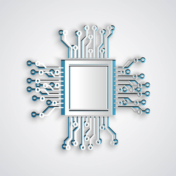 Papiergeschnittenes Prozessorsymbol isoliert auf grauem Hintergrund. CPU, Zentraleinheit, Mikrochip, Mikroschaltung, Computerprozessor, Chip. Papierkunst. Vektorillustration - Vektor, Bild