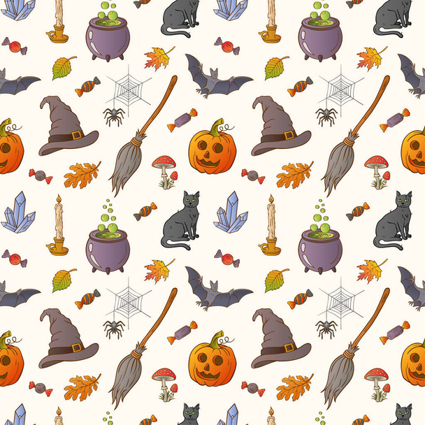 Halloween hand drawn seamless pattern. Halloween Pattern with pumpkins, Jack-o'-lantern, cats, bats, brooms, spiders, candies, candles, spider web and autumn leaves. - ベクター画像