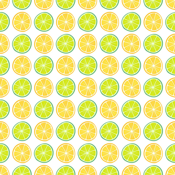 Seamless decorative background with yellow lemons and green limes. Lemon and lime pattern - Vector, Image