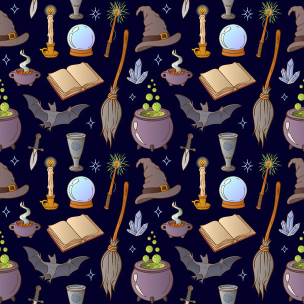 Wizardry pattern with magic objects. Wicca, Witchcraft, esoteric, divination and occult pattern with hand drawn magic objects for mystic rituals. - Vector - Vector, Image
