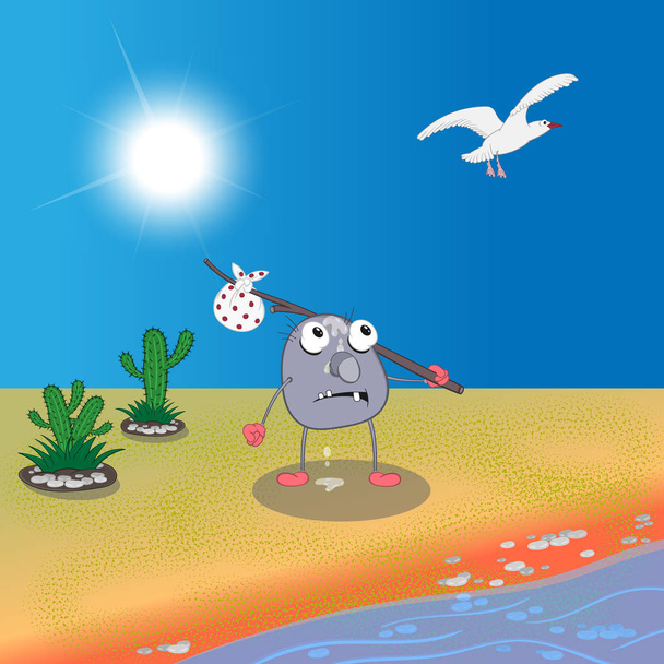 a cartoon desert traveler reached the water and met a bird on the shore - Vector, Image
