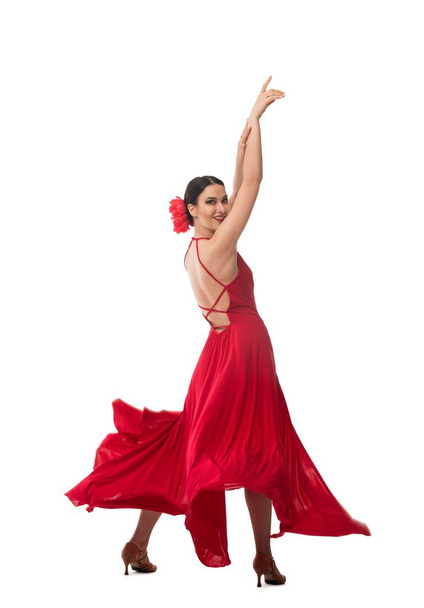 Latino dancer in red sexy dress view - Photo, Image