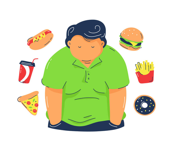 ファーストフード製品を持つ脂肪肥満の男 - ベクター画像