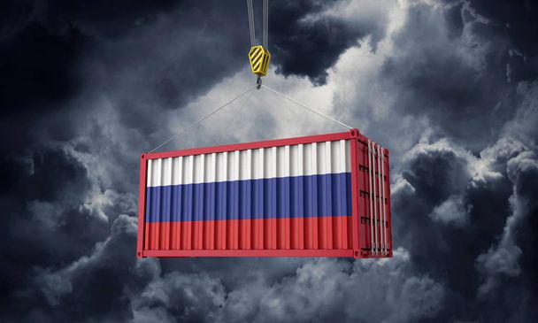 Russia trade cargo container hanging against dark clouds. 3D Render - Foto, Bild
