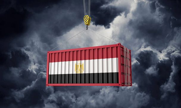 Egypt trade cargo container hanging against dark clouds. 3D Render - Zdjęcie, obraz
