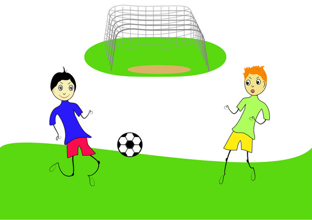 フィールドでサッカーのトレーニングを持っている2人の少年 - ベクター画像