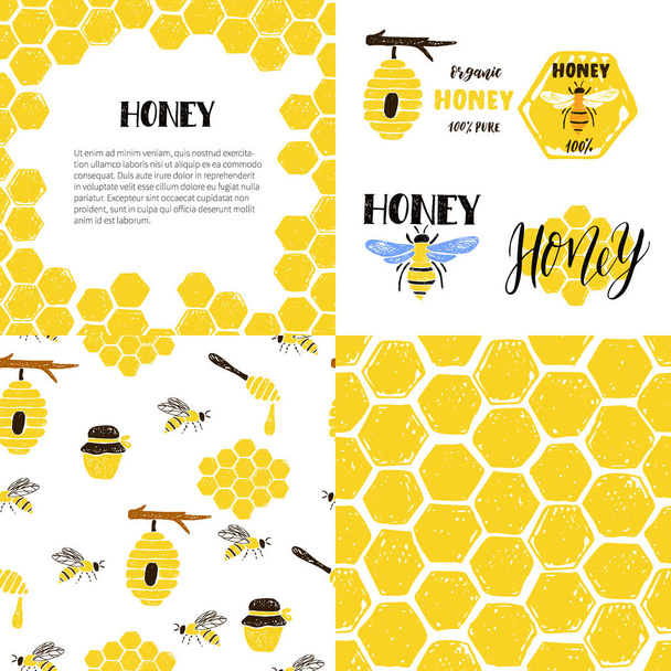  Conjunto de patrones sin costura, marco, etiquetas. Nido de abeja, abejas, abejas
 - Vector, imagen