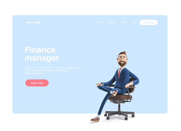 3D-illustratie. Portret van een knappe zakenman zittend op bureaustoel. Webbanner, Startsite pagina, infographics, Office Manager concept. - Foto, afbeelding