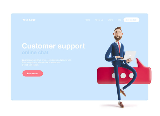 3d illustration. Portrait of a handsome businessman with laptop and bubble talk. Conversation concept. Web banner, start site page, infographics, customer support concept. - Photo, Image