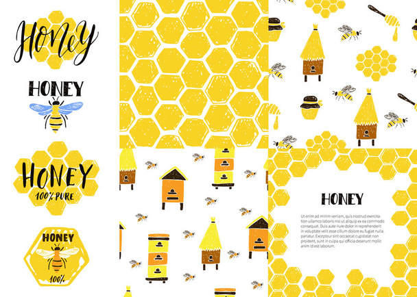 Набір безшовних візерунків, рамки, етикетки. Медонос, бджоли, бджоли
 - Вектор, зображення