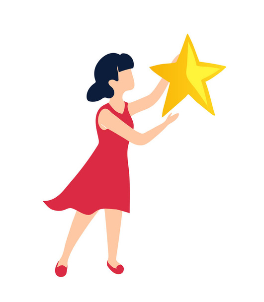 Een meisje houdt een ster als een symbool van haar overwinning. De winnaar ontving een beloning voor het behalen van het doel. - Vector, afbeelding
