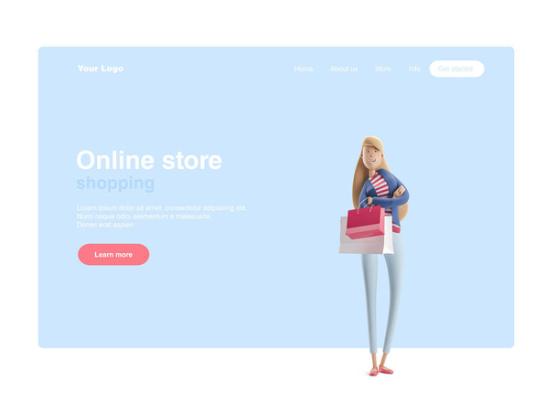 3Dイラスト。青い背景に店のバッグを持って立っている若いビジネスウーマンエマ。Web バナー、サイト ページの開始、インフォグラフィック、ショッピング、オンライン ショッピングの概念. - 写真・画像