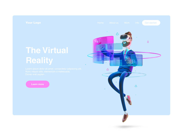 εικονογράφηση 3D. Ο επιχειρηματίας Billy χρησιμοποιεί γυαλιά εικονικής πραγματικότητας και αγγίζοντας interface VR. Banner Web, σελίδα τοποθεσίας έναρξης, ενημερωτικά γραφήματα, concept VR. - Φωτογραφία, εικόνα
