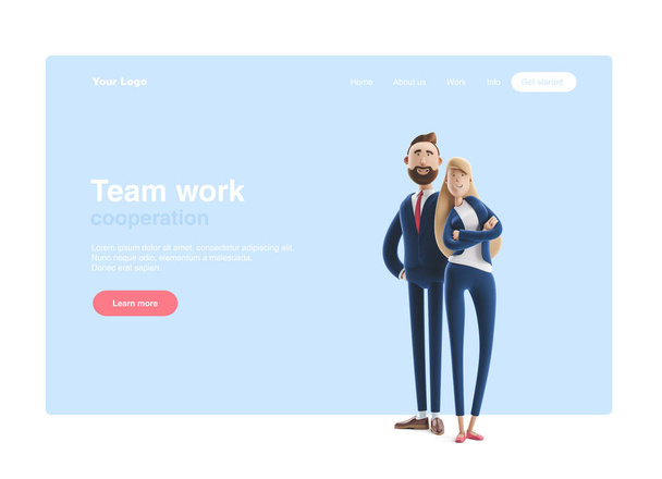 3d illustration. Business couple Emma and Billy standing on a blue background. Web banner, start site page, infographics, teamwork concept. - Foto, afbeelding