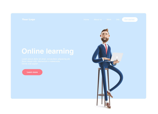 3d illustration. Portrait of a handsome businessman with laptop. Web banner, start site page, infographics, online business concept. - Photo, Image