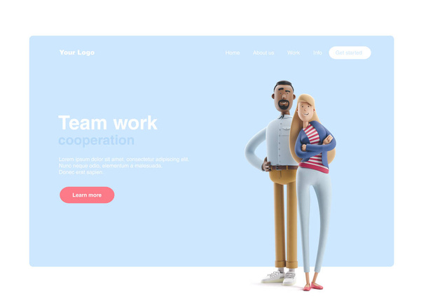 Ilustración 3d. El empresario Stanley y Emma están parados sobre un fondo azul. Banner web, página de inicio del sitio, infografías, concepto de trabajo en equipo
. - Foto, imagen