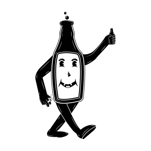 Tekoucí pivní láhev má pivo v jedné ruce a cigaretu v druhé, která kouří, šťastný opilec kreslený postava v retro stylu, vektorová ilustrace na bílém pozadí - Vektor, obrázek