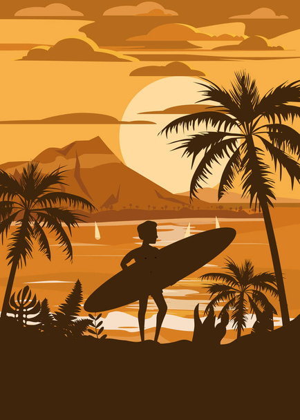 Happy Man with Surfboard on Summer Vacation Beach Enjoying Beach Vacation on Sand Sea Ocean. Palms and Mountains Seashore Floral. Vector Illustration vintage poster baner isolated - Vector, Image