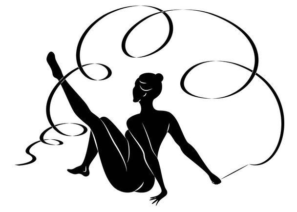 Rhythmic gymnastics. Silhouette of a girl with a ribbon. Beautiful gymnast. The woman is slim and young. Vector illustration - Vector, Image