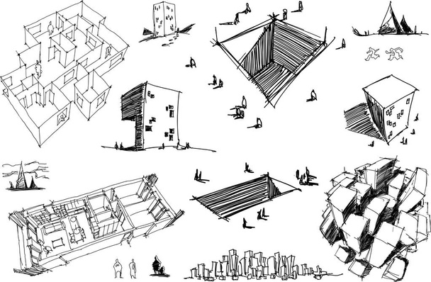 many hand drawn architectectural sketches of a modern abstract architecture nad geometric objects and urban ideas and drafts - Vector, Image