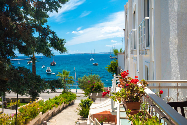 Vista de la playa de Bodrum, mar Egeo, casas blancas tradicionales, flores, marina, veleros, yates en la ciudad de Bodrum Turquía. - Foto, imagen