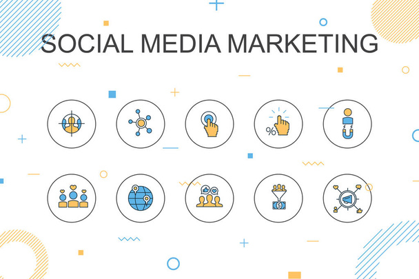 Social Media Marketing trendy infographic sjabloon. Dun lijn ontwerp met gebruikersbetrokkenheid, volgers, oproep tot actie, lead conversie - Vector, afbeelding