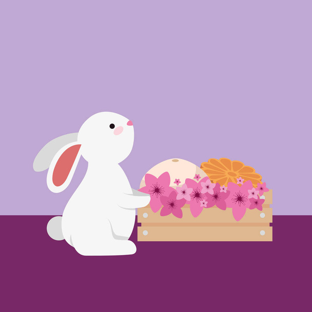 schattig en klein konijn met meloenen in houten kist - Vector, afbeelding