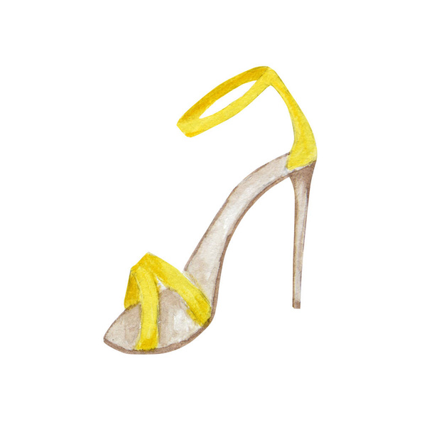 yellow fashion womens shoes on the high heels. Smart luxury lady shoe collection. Painted hand-drawn watercolor Illustration isolated on a white background. - Foto, immagini