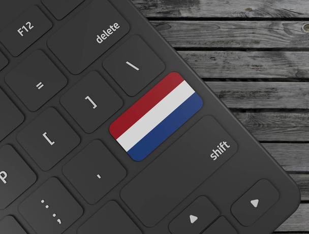 Флаг Нидерландов введите клавишу на белой клавиатуре, на деревянном фоне. 3D рендеринг
 - Фото, изображение