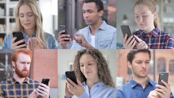 Collage van jonge mensen die smartphone gebruiken - Video